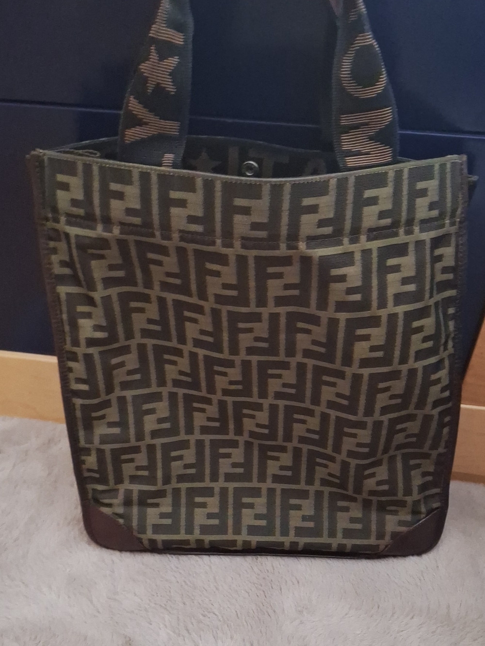 Vintage Fendi Olive and Brown Monogram Canvas Messenger Tote